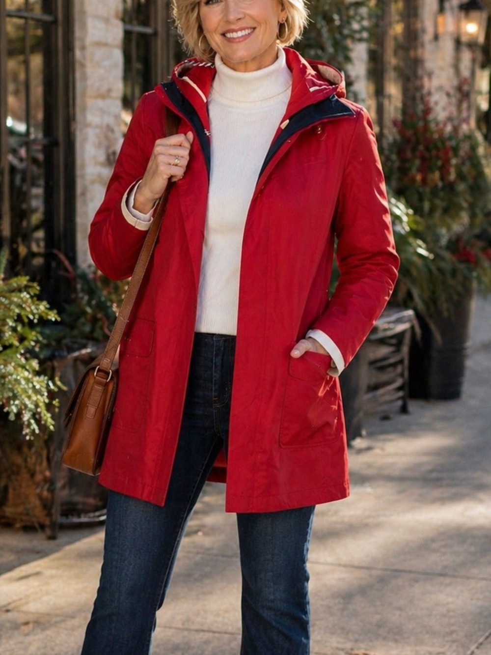 Thunder Bay rain jacket sz 8, cherry red, hood, patch pockets, lined,